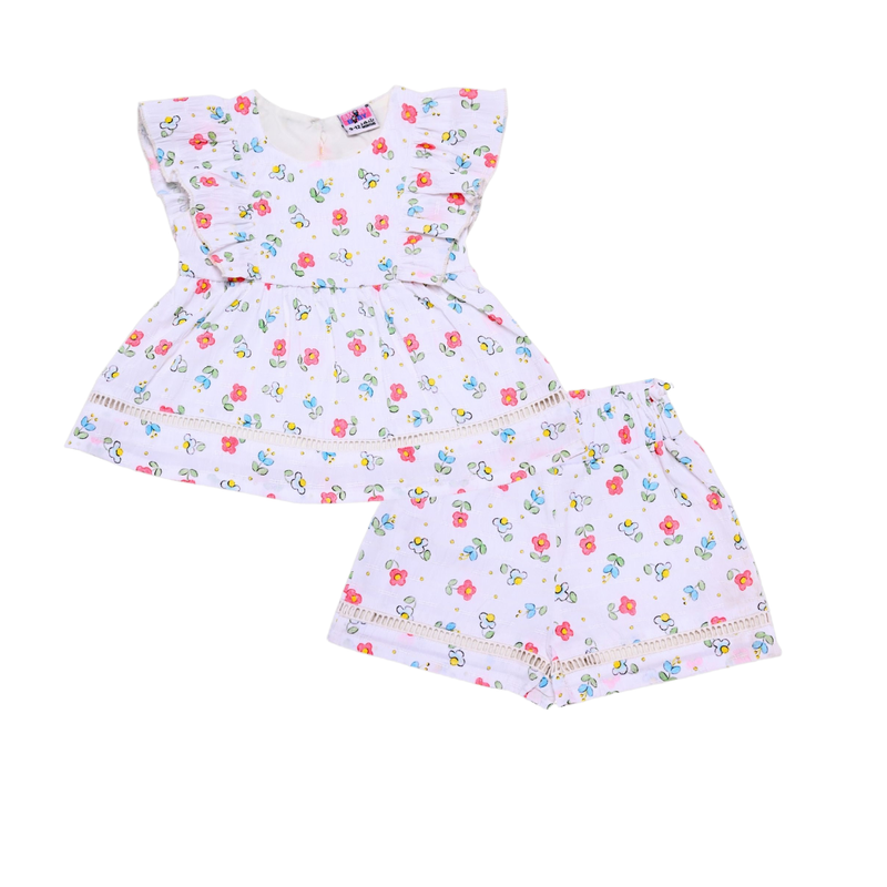 Smart Baby - 2pc-Set - Girl's Printed Top With Shorts - White