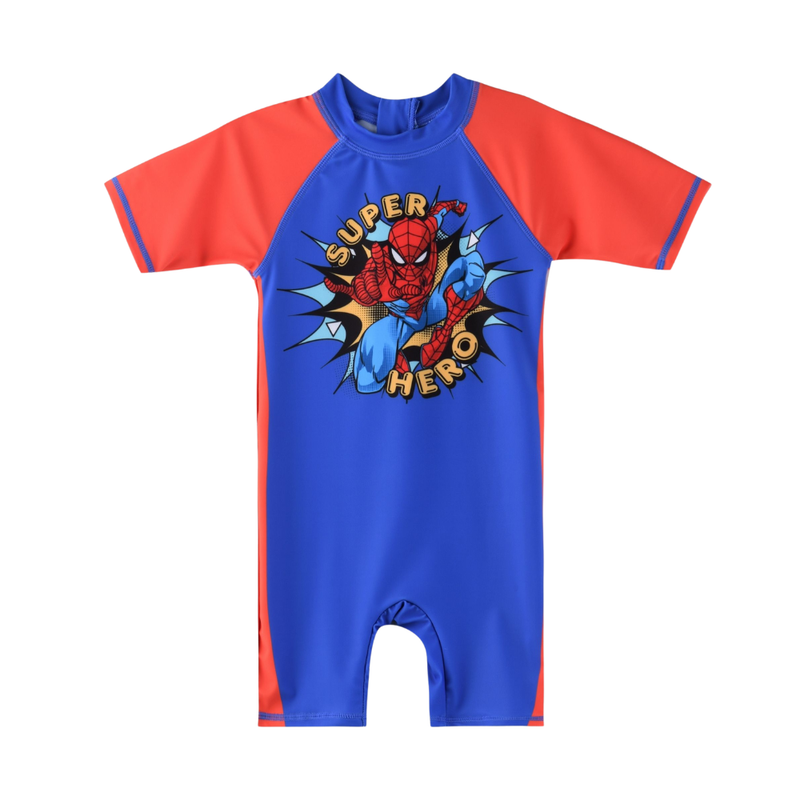 Spiderman - Boy Overall Half Sleeve Rush Guard Swimwear - Blue/Red