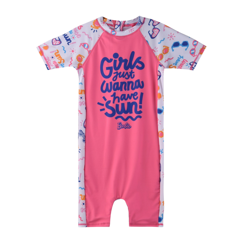 Barbie - Girl's Overall Half Sleeves Rash Guard Swimsuit - Pink
