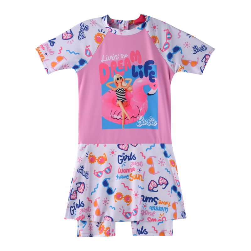 Barbie - Girl's Overall Rash Guard Swimsuit - Pink