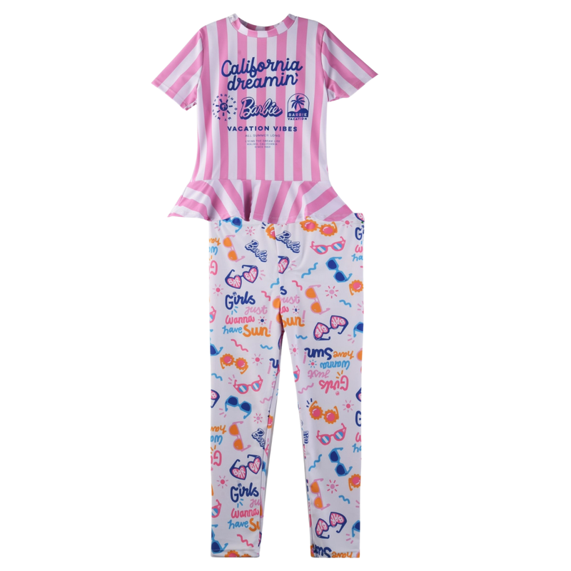 Barbie - 2pc-Set - Girl's Short Sleeves Swim Top With Pants - Pink/White