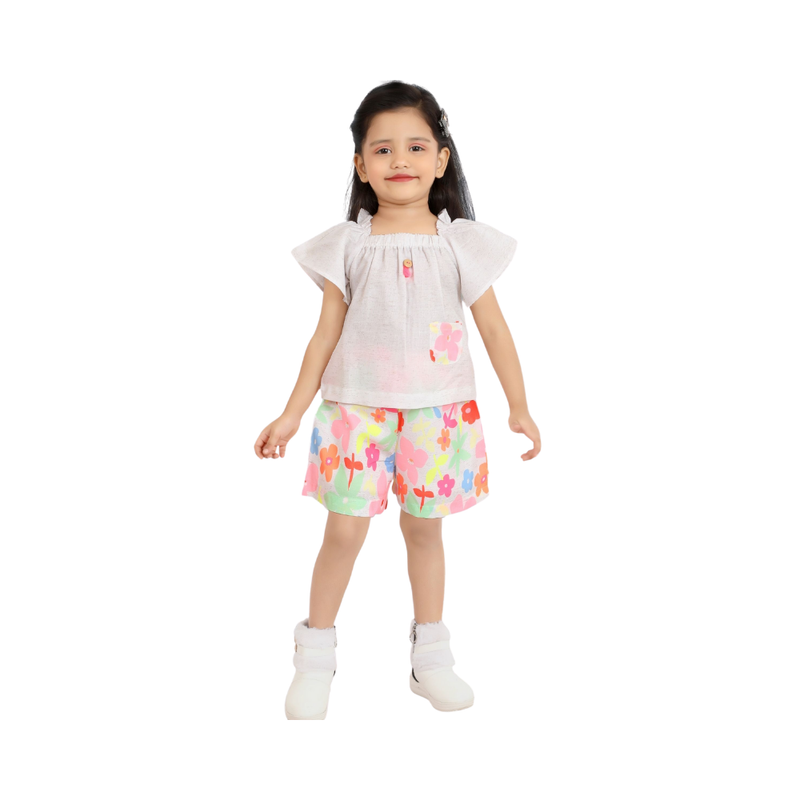 Smart Baby - 2pc-Set - Girl's Square Neck Top With Shorts - White