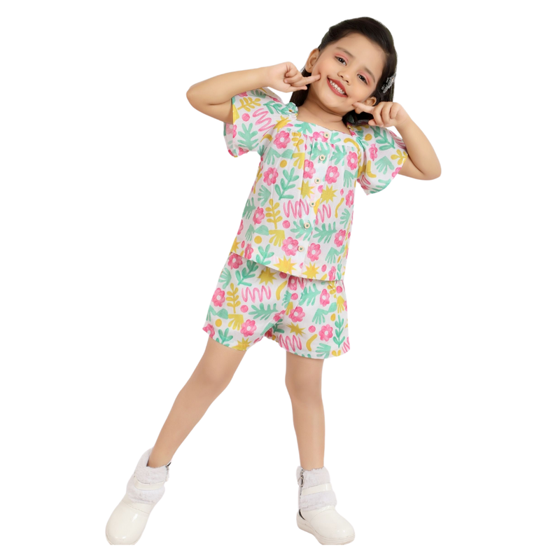 Smart Baby - 2pc-Set - Girl's Cap Sleeves Top With Shorts - Multicolor