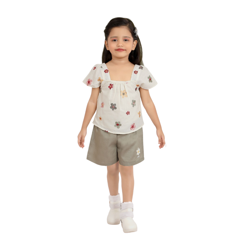 Smart Baby - 2pc-Set - Girl's Cap Sleeves Top With Shorts - Off White/Grey