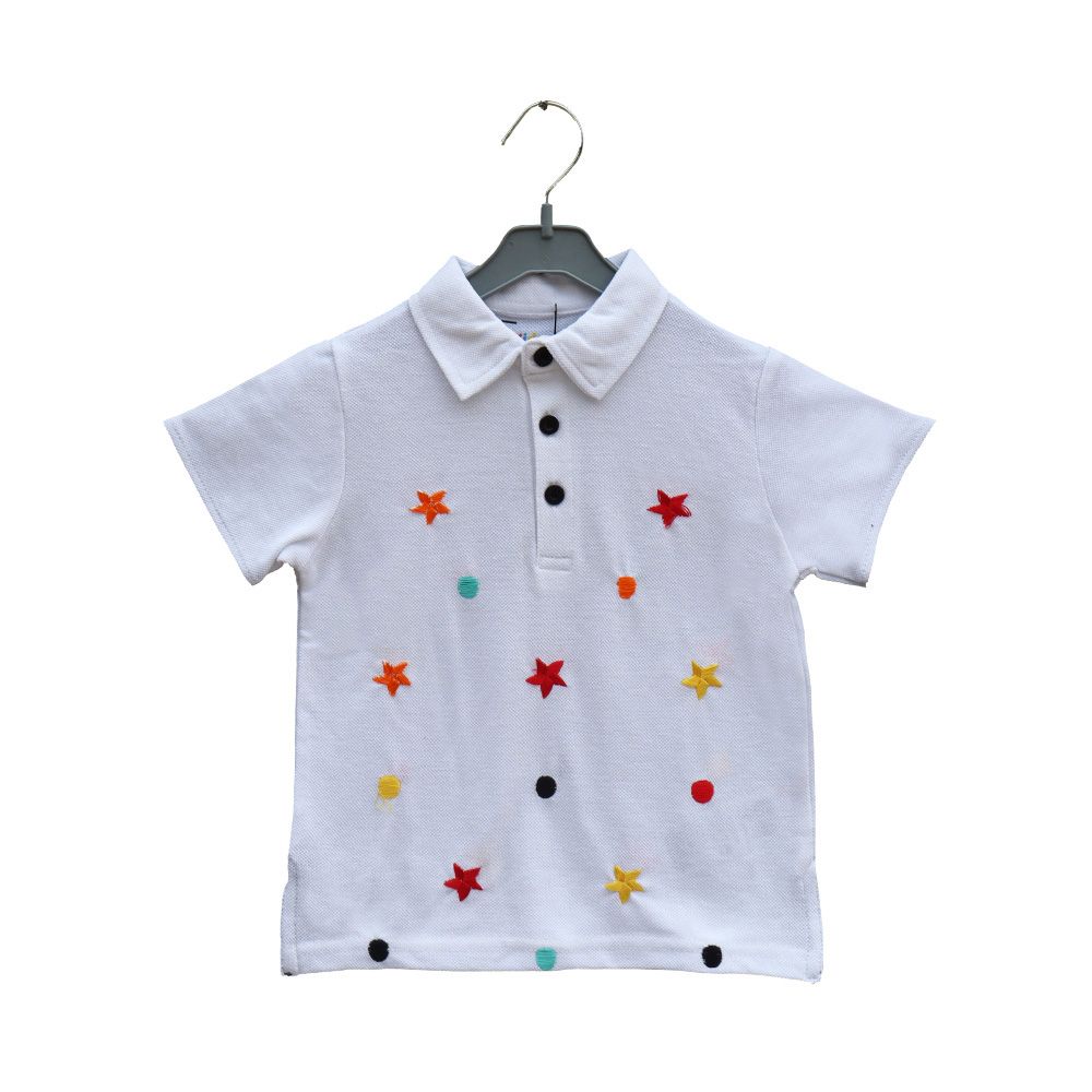 Prokids - Kids Button Up Repeat Star Embroidery Polo Shirt - White