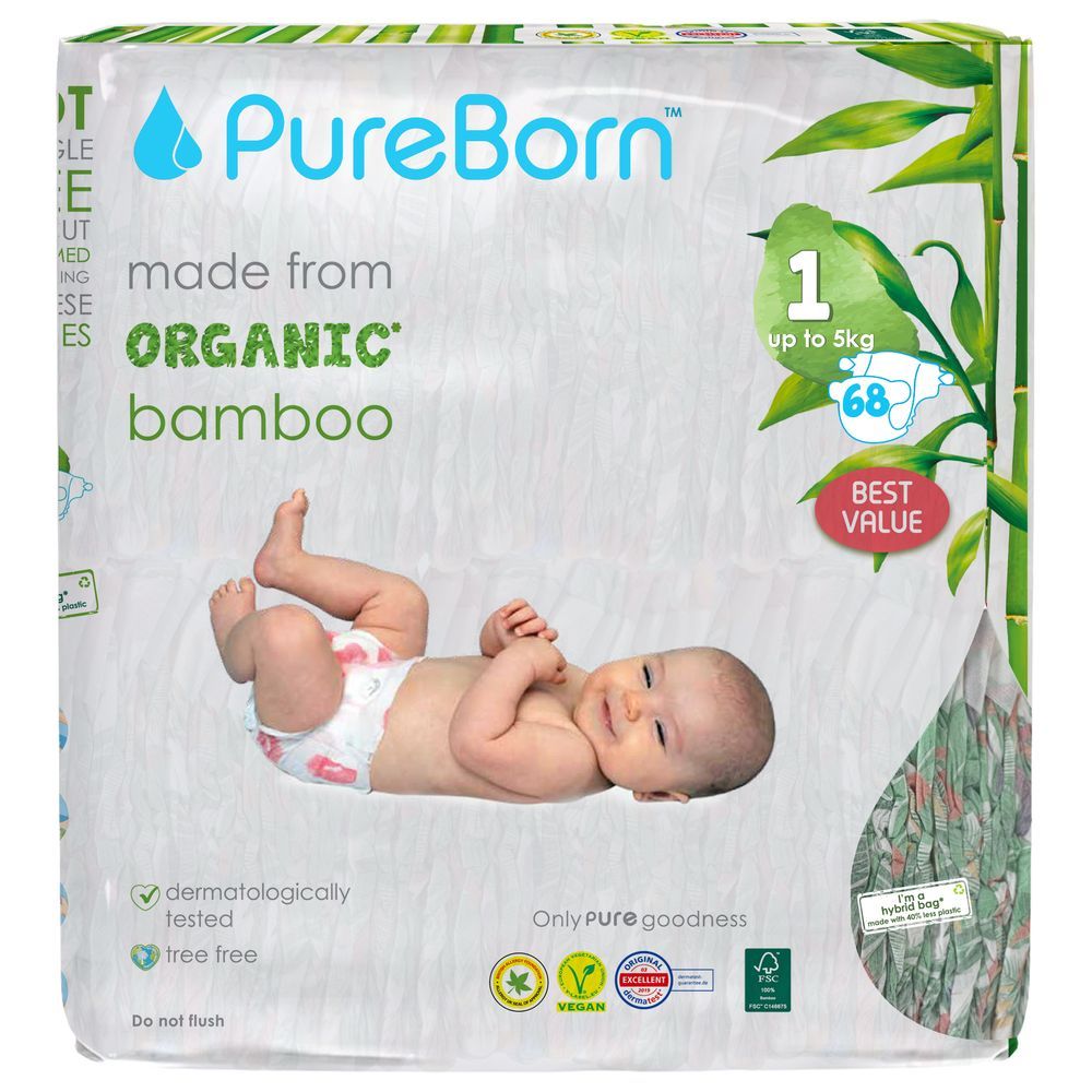 PureBorn - Organic Diapers Tropic - Size-1- 5 kg - 68 Pcs