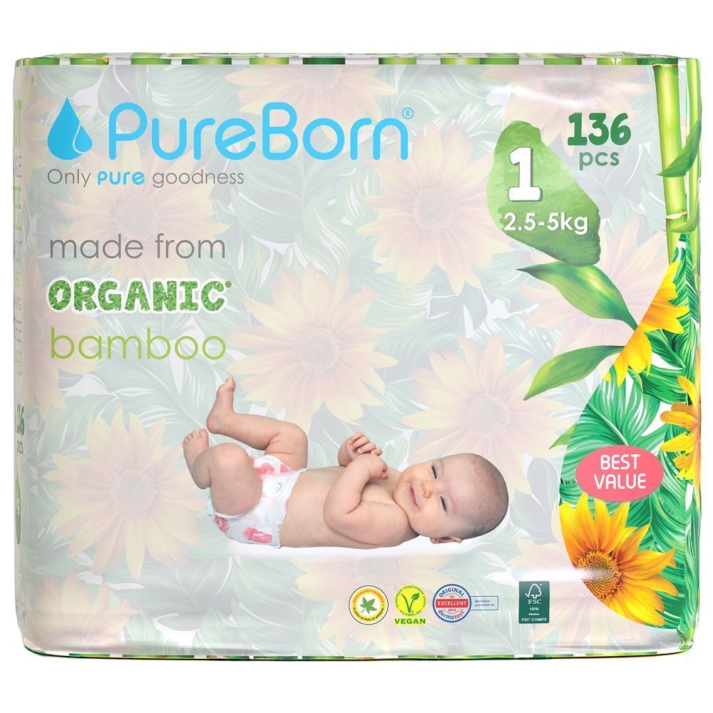 Pureborn - Size 1 Organic Diapers Upto 5Kg 136s - Master Value Pack - Sunflower