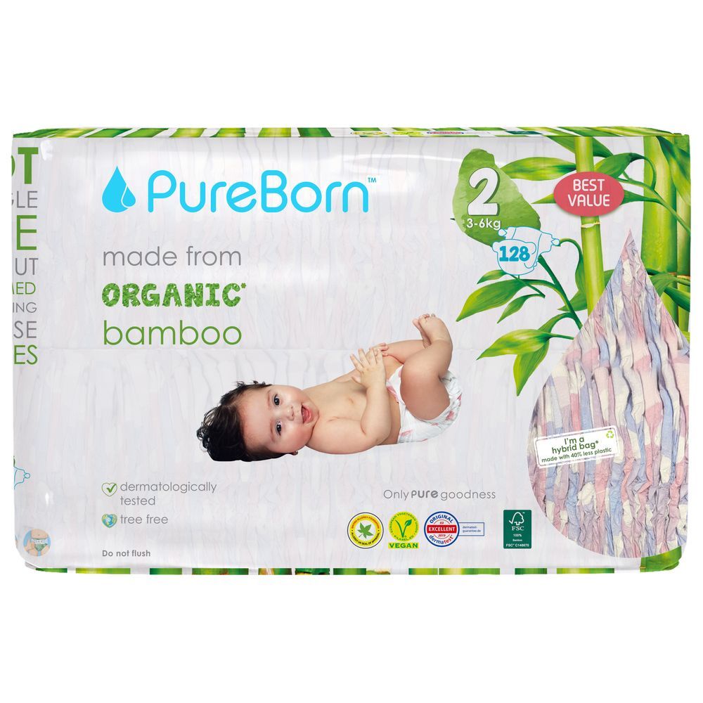 Pureborn - Size 2 Organic Diapers 3-6Kg 128s - Master Value Pack - Cloud
