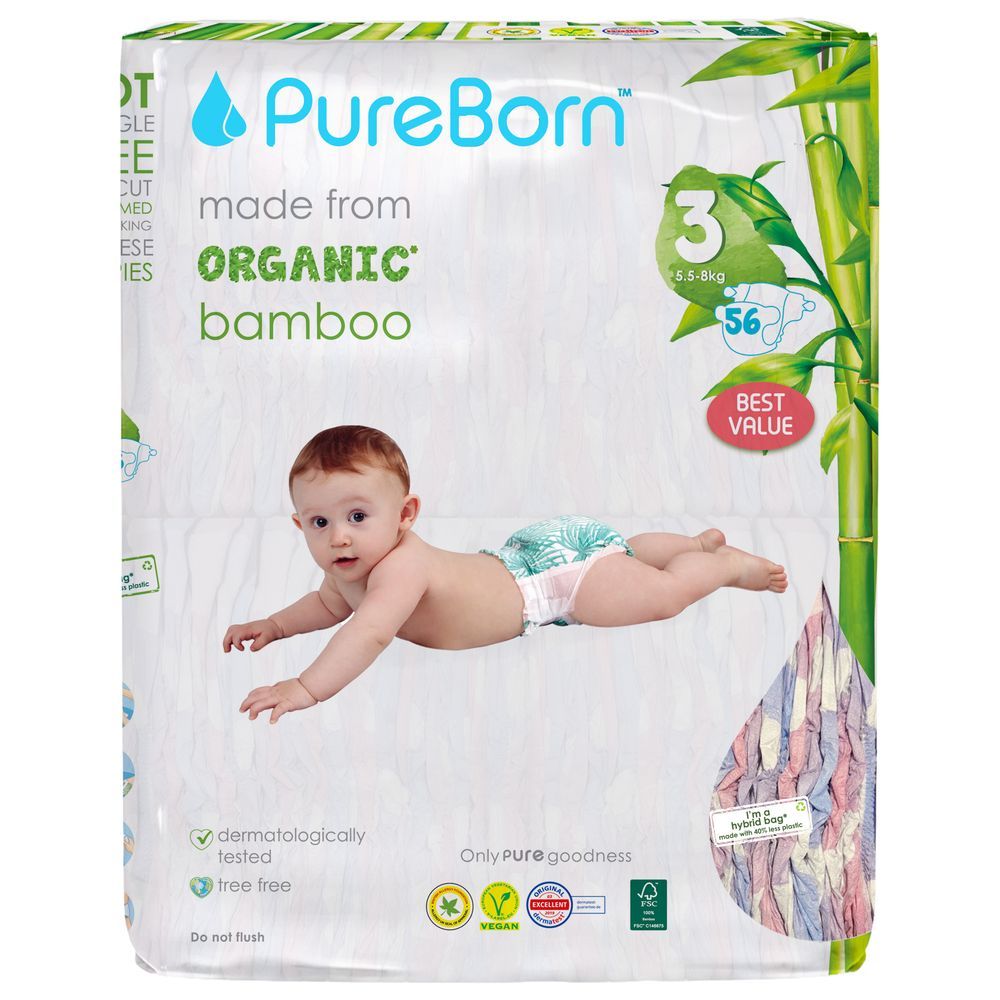 Pureborn - Size 3 Organic Diapers 5.5-8Kg 56s - Twin Value Pack - Cloud
