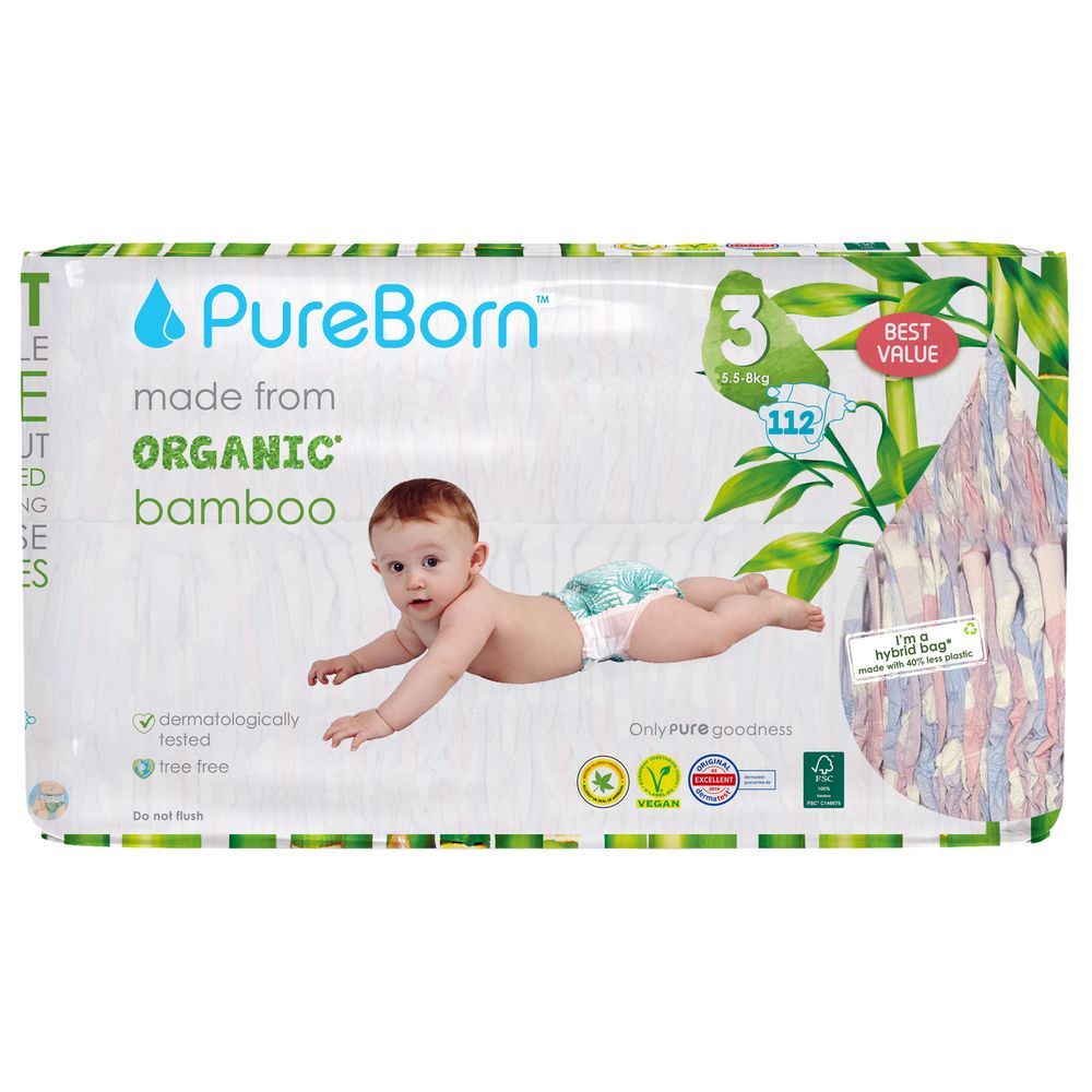 Pureborn - Organic Diapers - 5.5-8 Kg - Size 3 - Cloud - 112pcs
