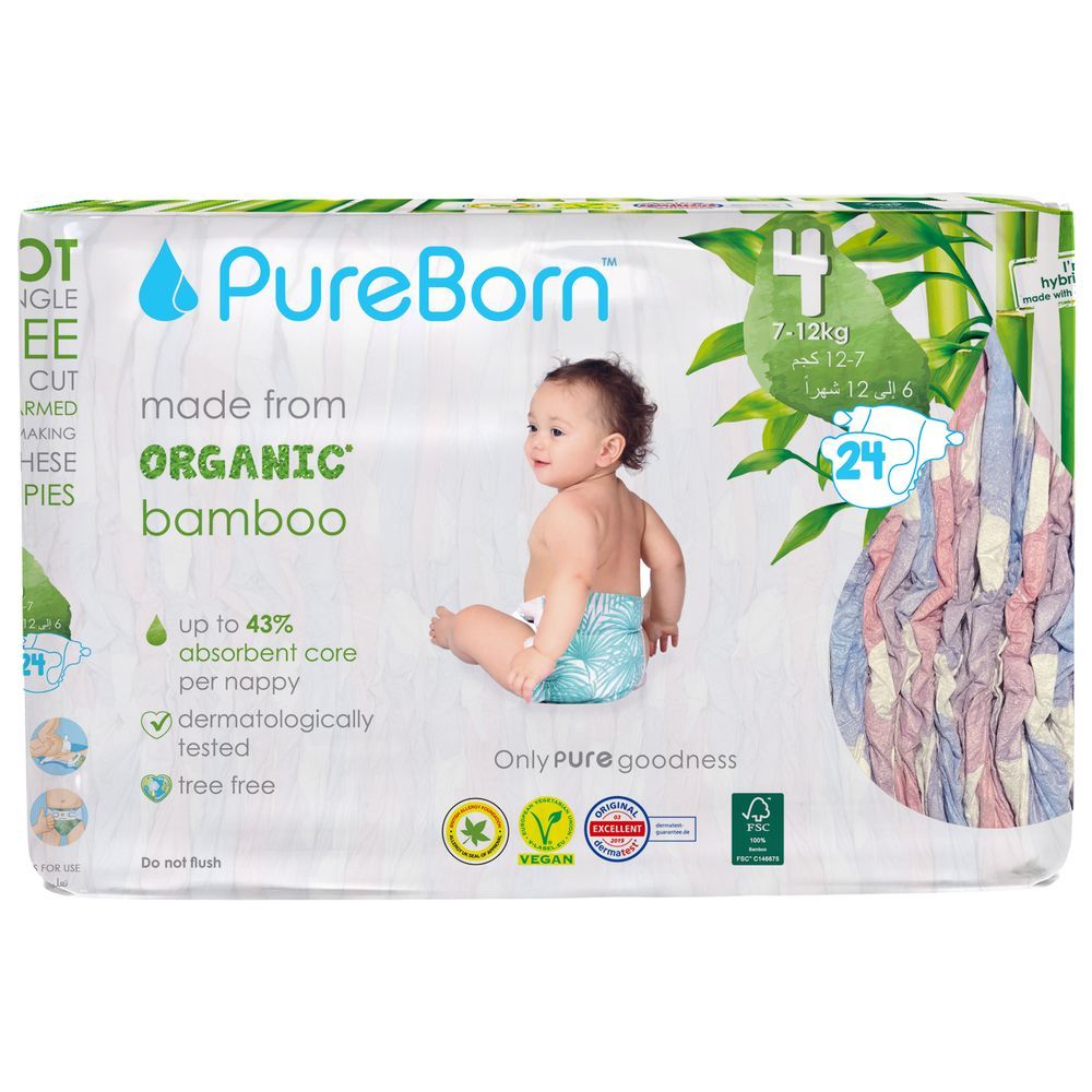 Pureborn - Size 4 Organic Diapers 7-12Kg 24s - Single Pack - Cloud