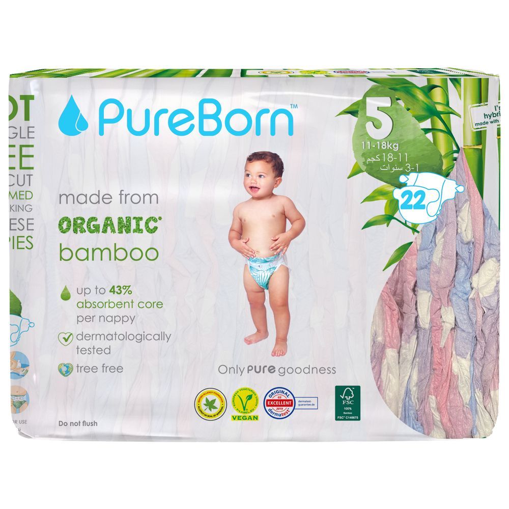 Pureborn - Size 5 Organic Diapers 11-18Kg 22s - Single Pack - Cloud