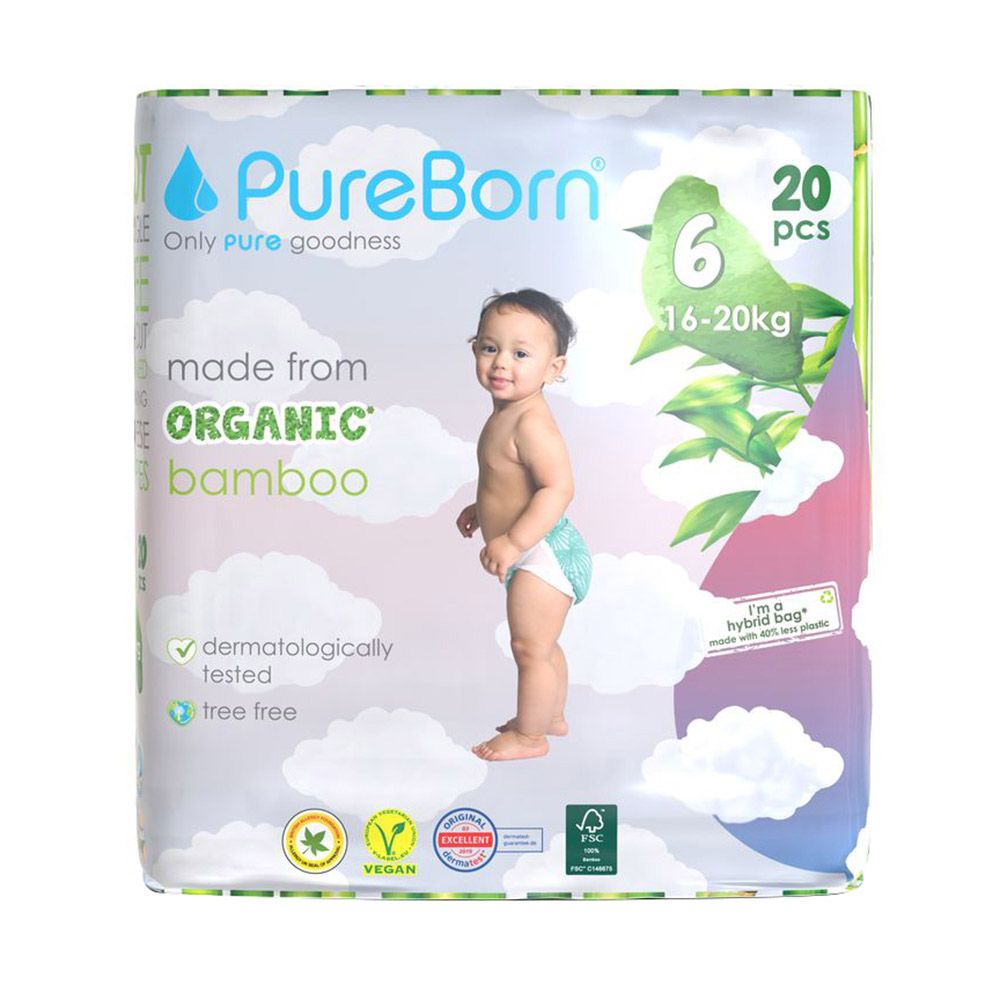 Pureborn - Size 6 Organic Diapers 16-20Kg 20s - Single Pack - Cloud