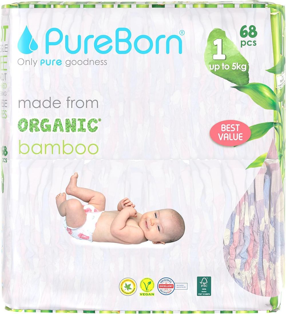 Pureborn - Organic Baby Diapers - Up To 5 Kg - S1 - 68pcs