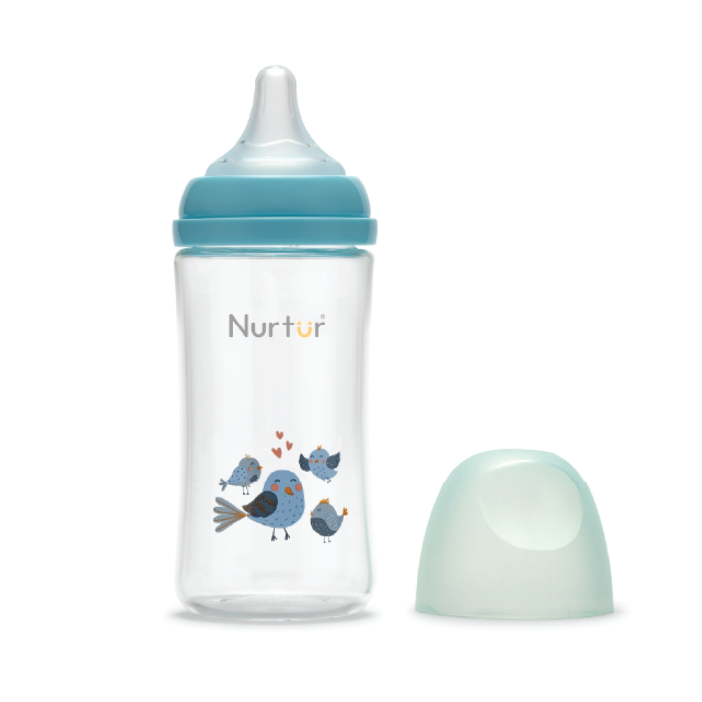 Nurtur Cozi - PP Bottle With Wide Teat 240ml - Blue / Bird