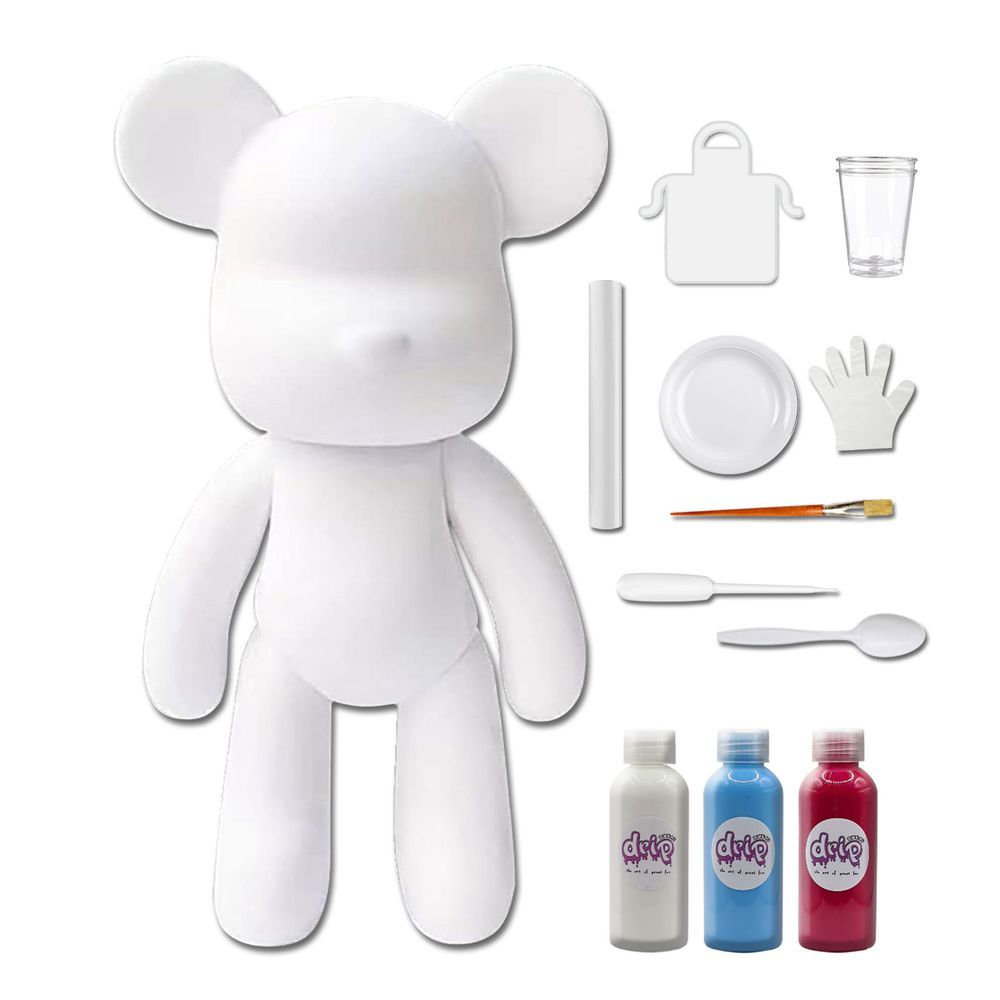 Dubai Drip Art - DIY Fluid Paint Bear Complete Kit - 23 cm - White, Light-Blue, Rose-Red