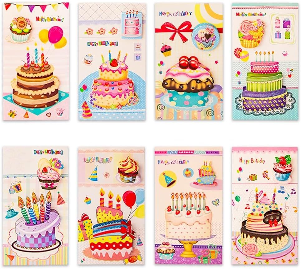UKR - 8-pack 3d Happy Birthday Greeting Cards Large 9-inch Pop-up Cards With Envelopes Colourful Birthday Party Cards (set-b)