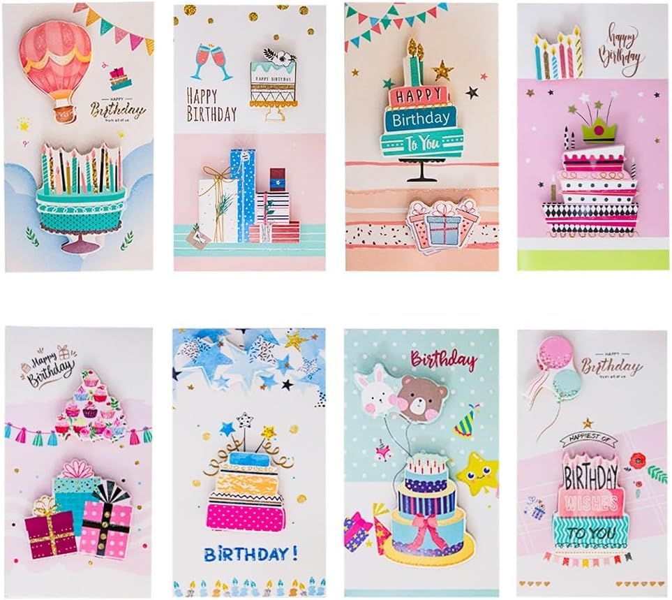 UKR - 8-pack 3d Happy Birthday Greeting Cards Large 9-inch Pop-up Cards With Envelopes Colourful Birthday Party Cards (set-d)