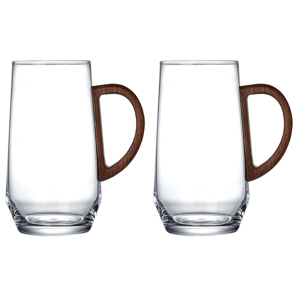 1Chase - Glass Mugs With Walnut Handles - Clear - 400 ml - 2 Pcs
