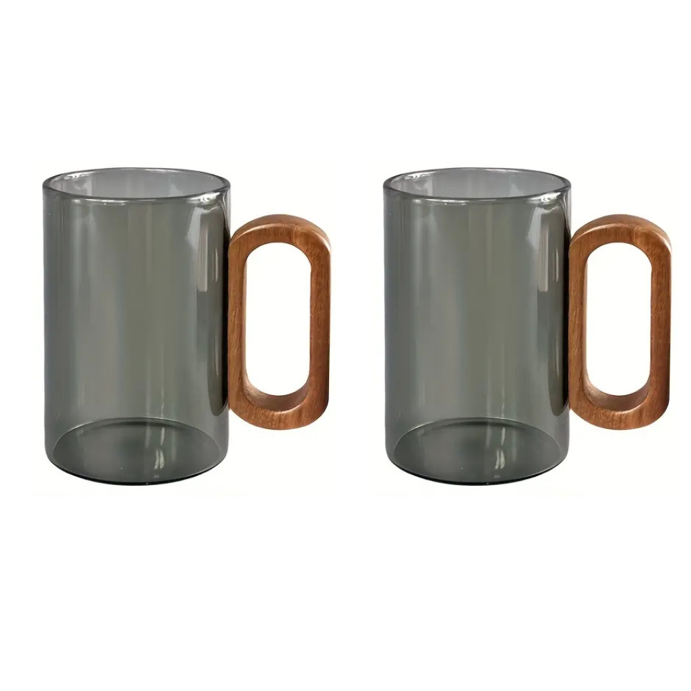 1chase - Borosilicate Glass Mugs With Walnut Acacia Wooden Handle - 2 Pcs - Smoky Grey - 350 ml