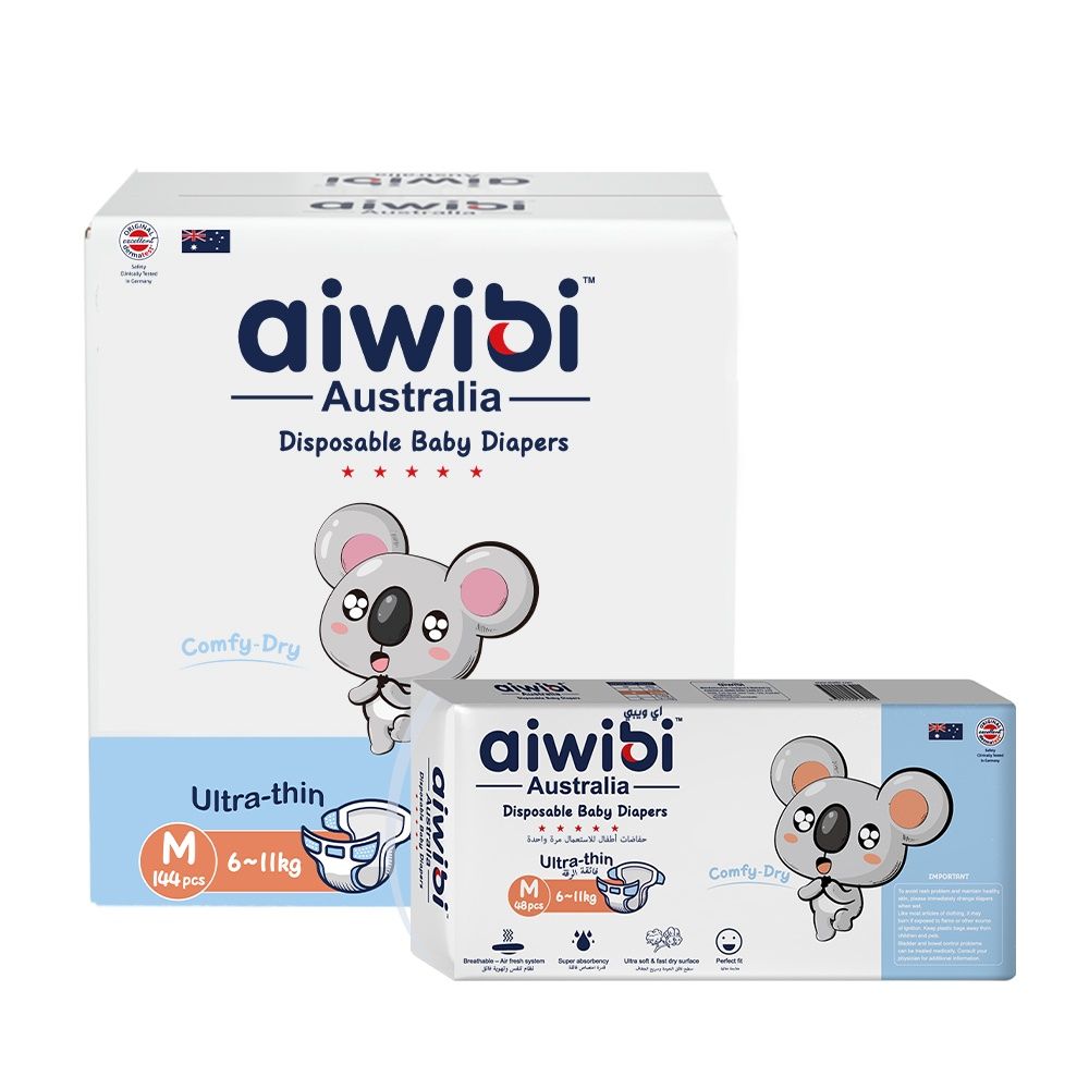 Aiwibi - Comfy Dry Baby Diapers - 6-11kg - Pack of 3 - 144pcs - Medium