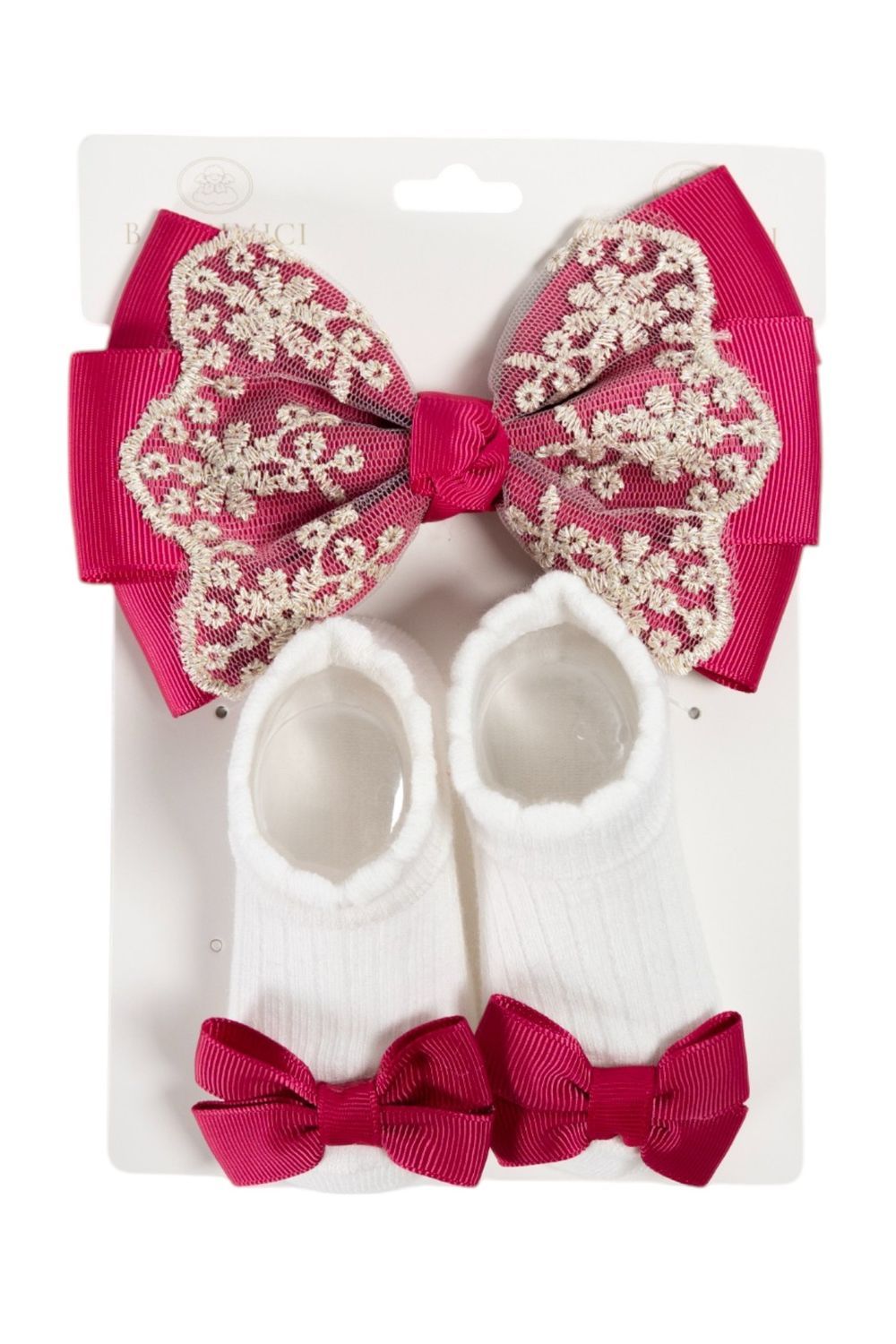 Bambimici - Aaliyah Socks & Cute Ribbon Big Bow Headband Set - Hot Pink