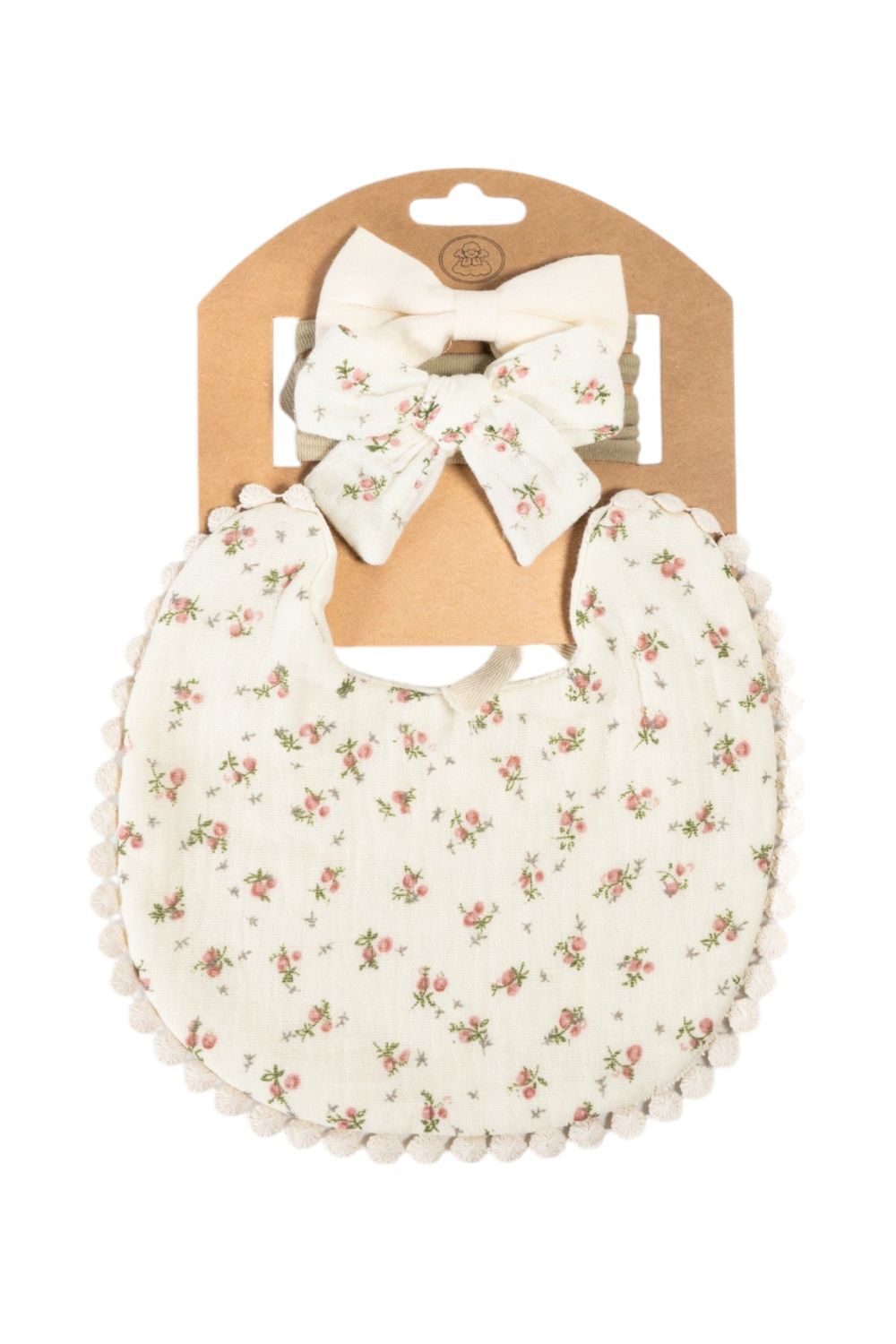 Bambimici - Ava Baby Floral Bib And Ribbon Bow Set - 3 Pcs - Red/Cream