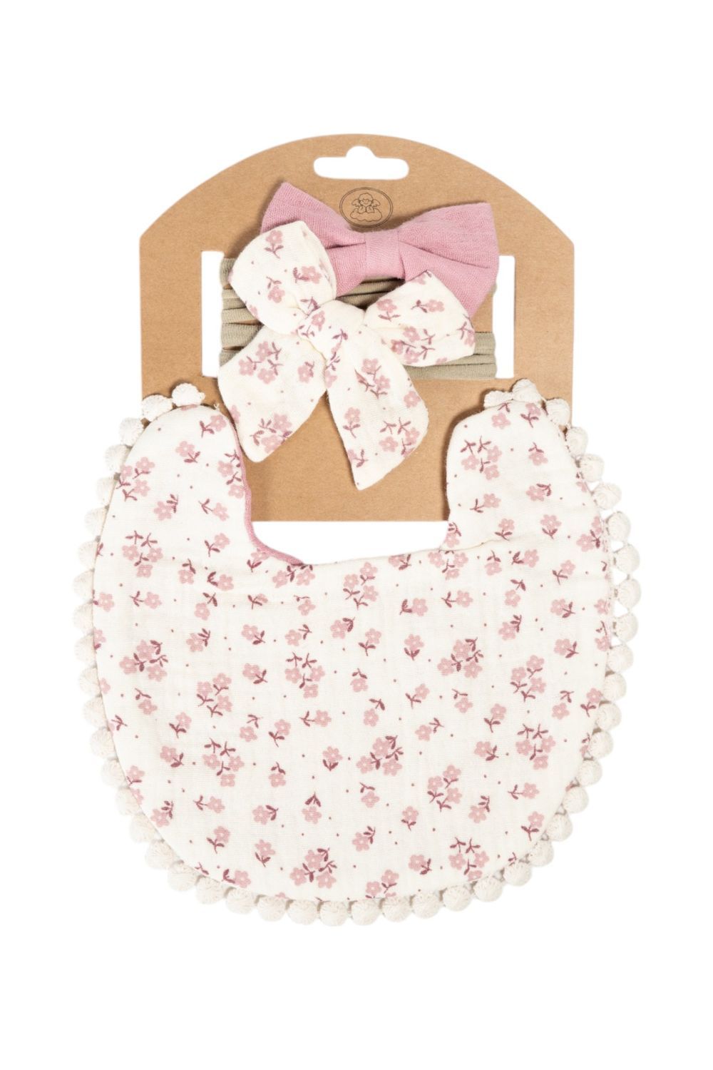 Bambimici - Ava Baby Floral Bib And Ribbon Bow Set - 3 Pcs - Dark Pink/Cream