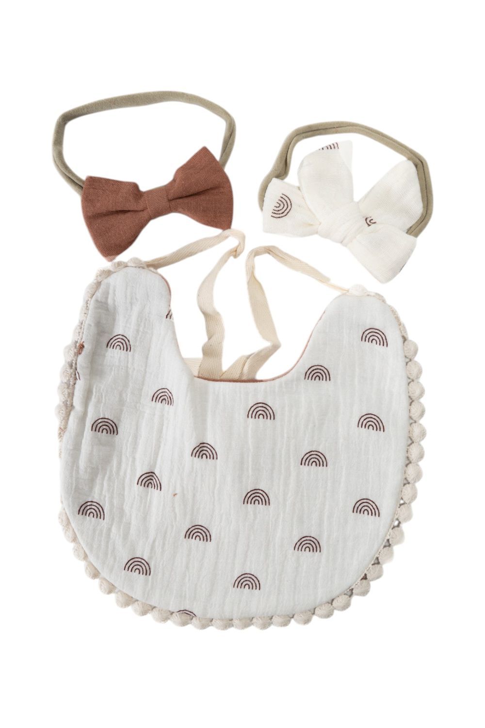 Bambimici - 3pc-Set - Ava Rainbow Printed Baby Bib & Bow Headband - Beige