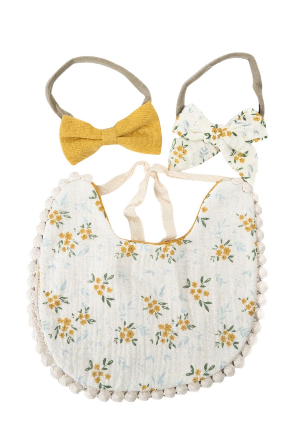 Bambimici - 3pc-Set - Ava Flower Printed Baby Bib & Bow Headband - Yellow/Cream