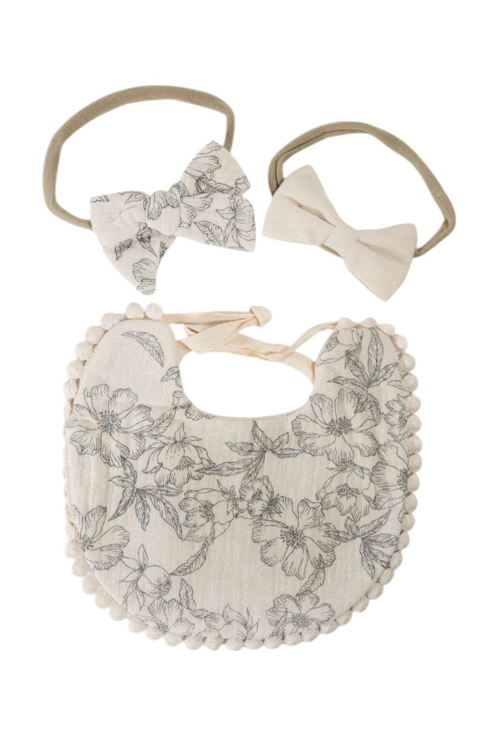 Bambimici - 3pc-Set - Ava Flower Printed Baby Bib & Bow Headband - Beige