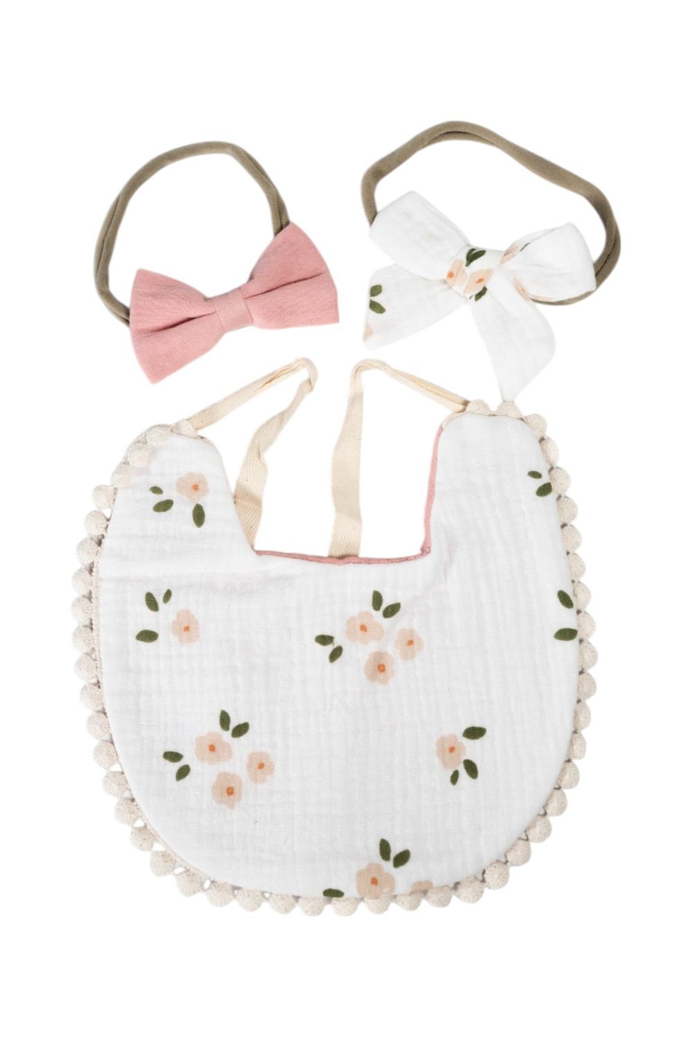 Bambimici - 3pc-Set - Ava Floral Baby Bib & Bow Headband - White