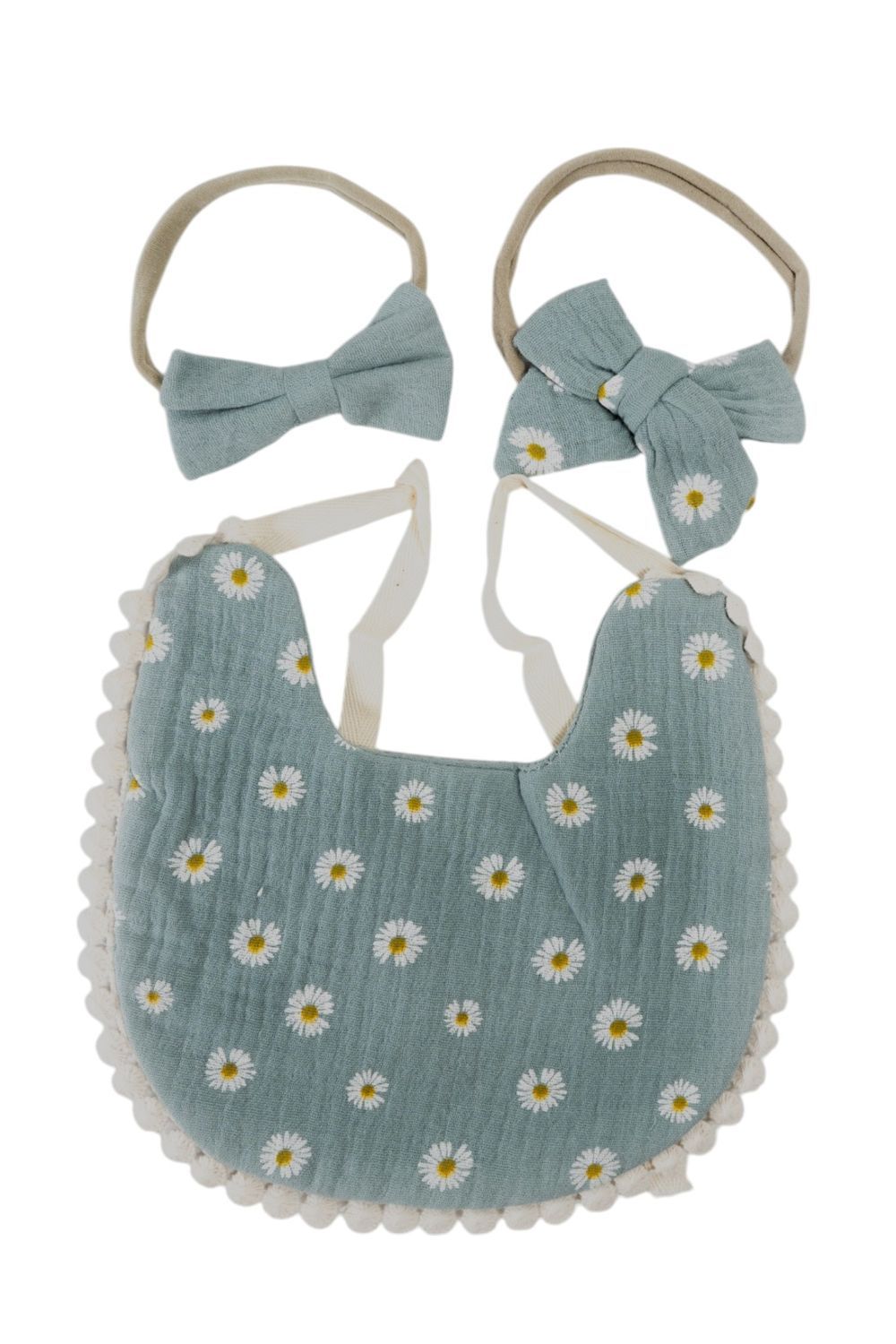 Bambimici - 3pc-Set - Ava Daisy Printed Baby Bib & Bow Headband - Blue