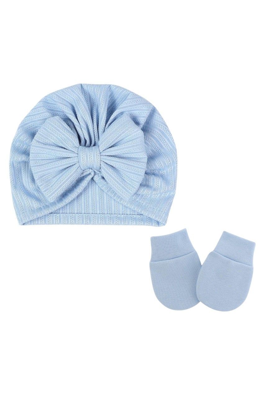 Bambimici - 2pc-Set - Baby Bow Detail Turban Hat & Mittens - Blue