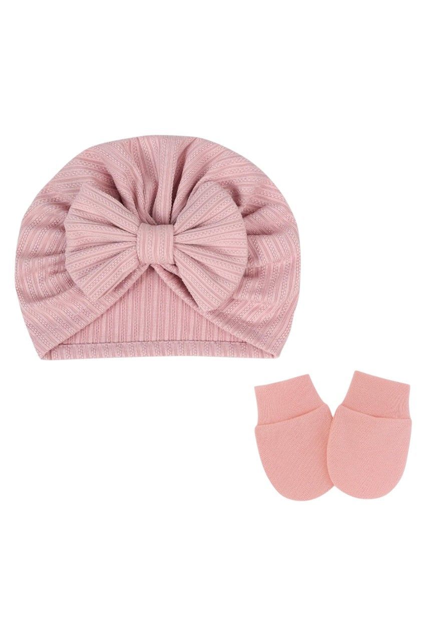Bambimici - 2pc-Set - Baby Bow Detail Turban Hat & Mittens - Dark Pink