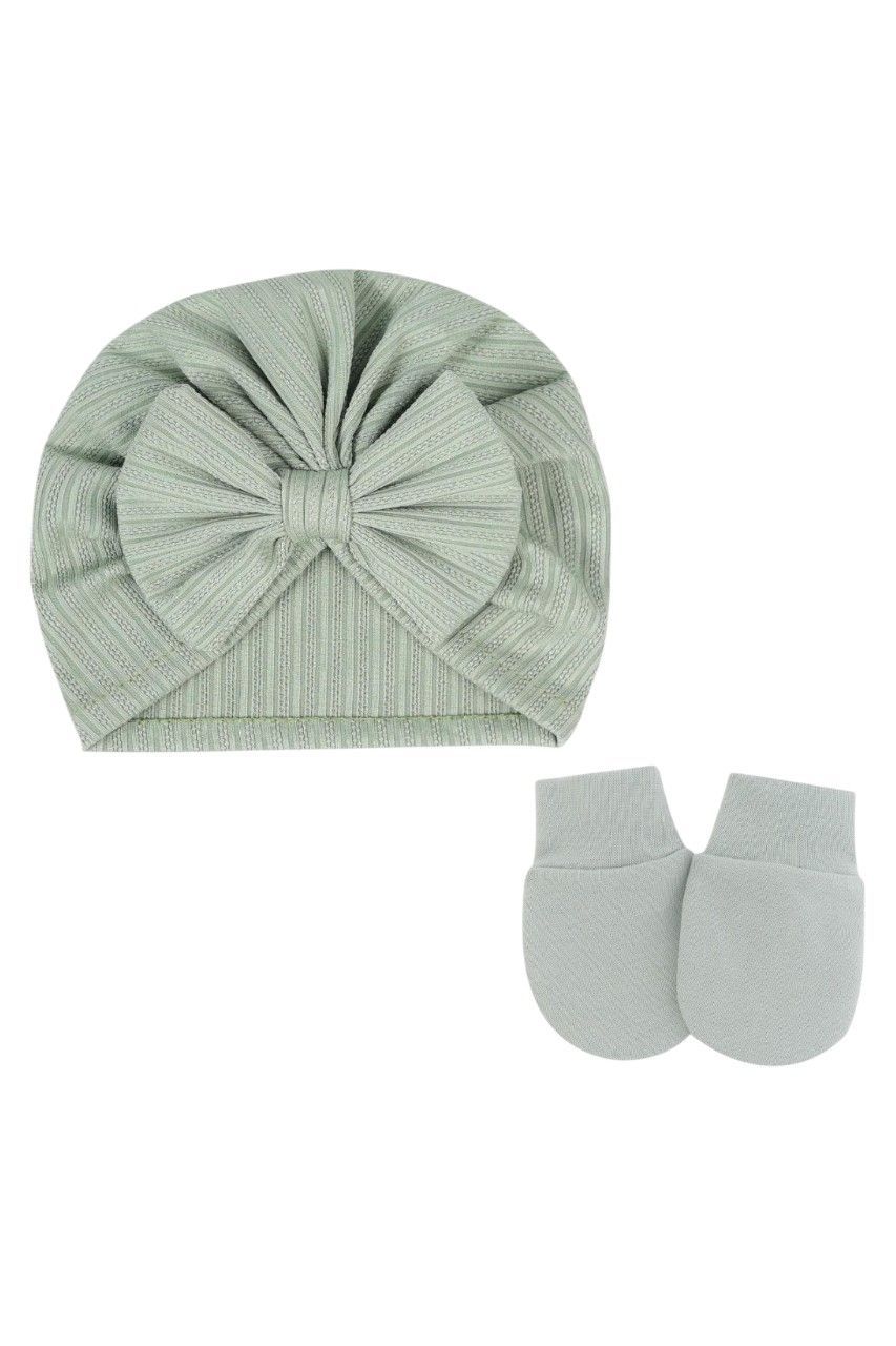 Bambimici - 2pc-Set - Baby Bow Detail Turban Hat & Mittens - Olive Green