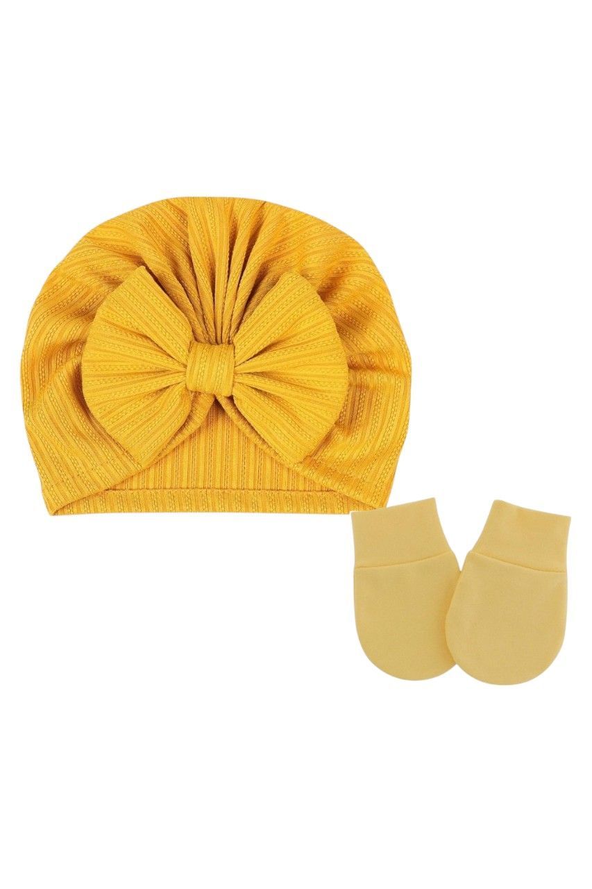 Bambimici - 2pc-Set - Baby Bow Detail Turban Hat & Mittens - Yellow