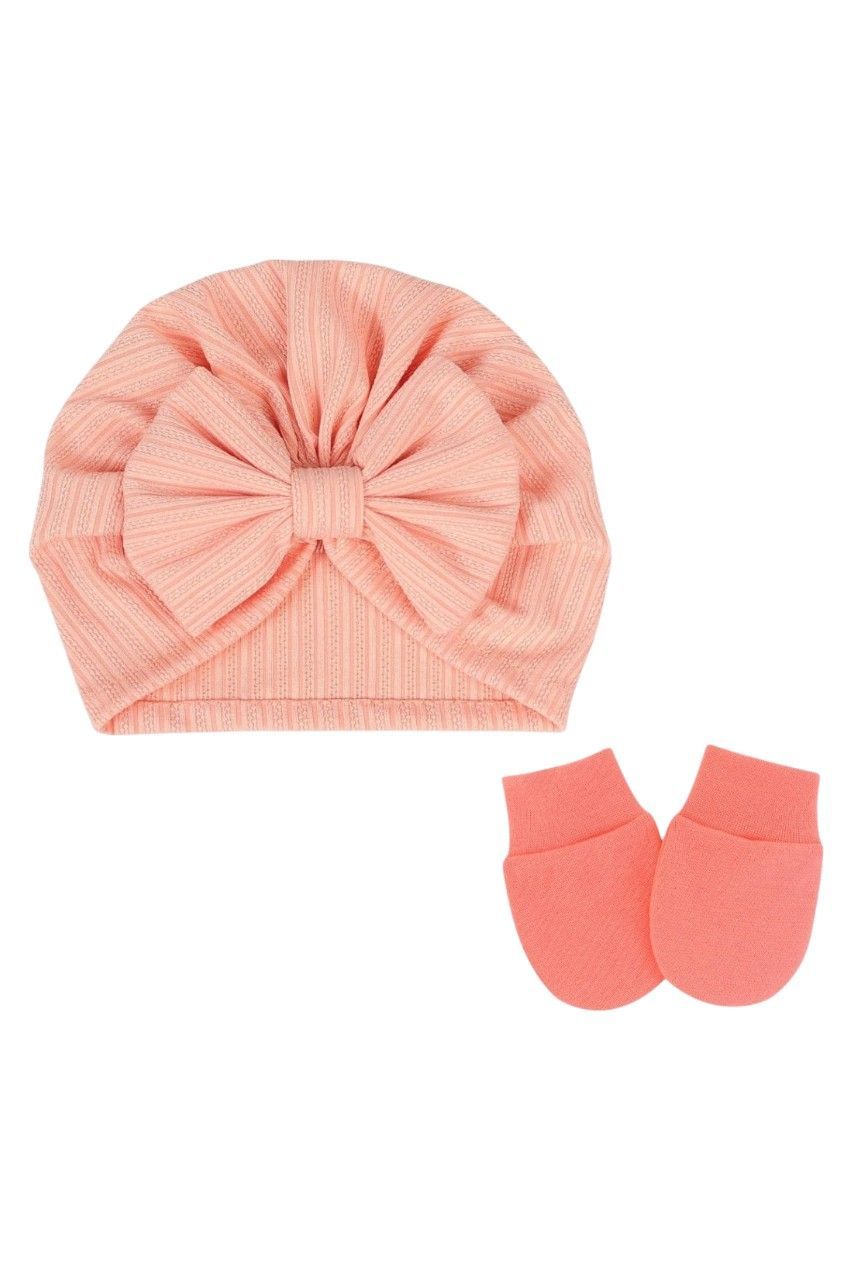 Bambimici - 2pc-Set - Baby Bow Detail Turban Hat & Mittens - Pomelo Pink