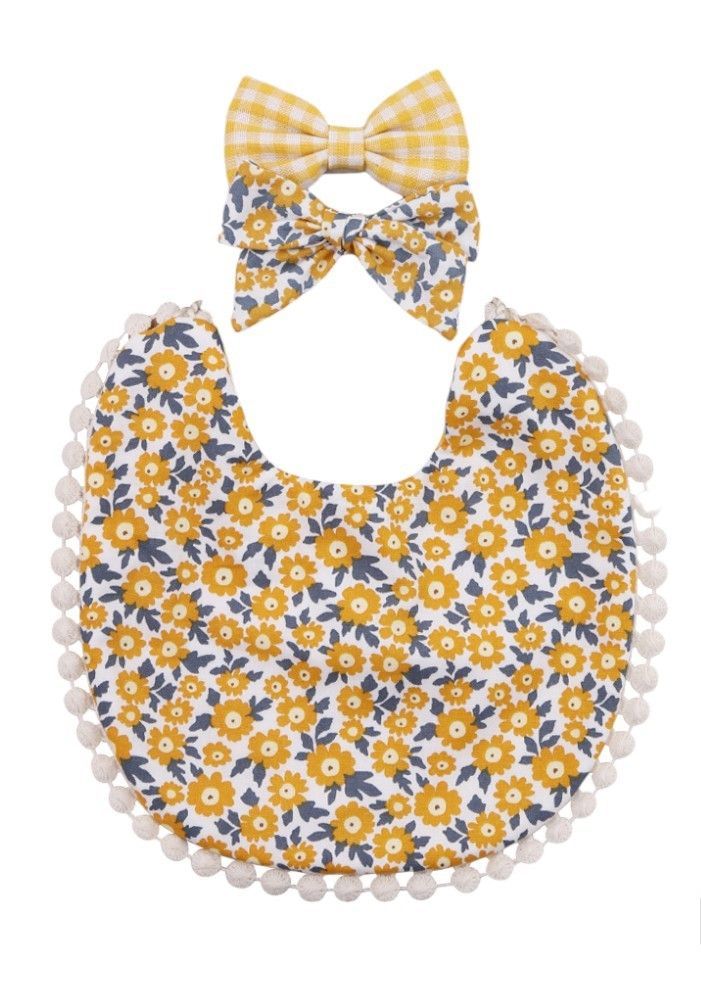Bambimici - Isabella Ribbon Headband And Reversible Baby Bib For Babies - Floral Yellow