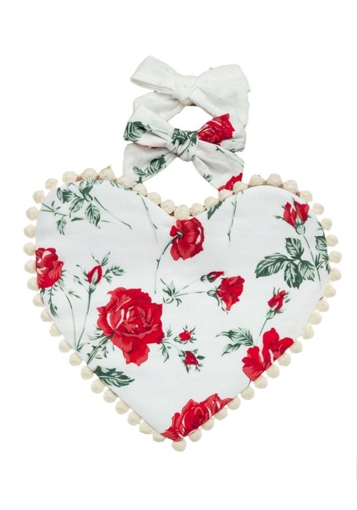 Bambimici - Amara Heart Shaped Baby Bib And Ribbon Bow Headband Set - Floral White