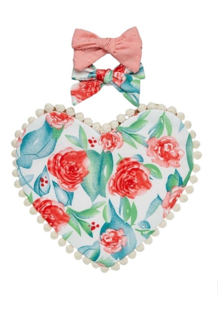 Bambimici - Amara Heart Shaped Baby Bib And Ribbon Bow Headband Set - Floral Blue