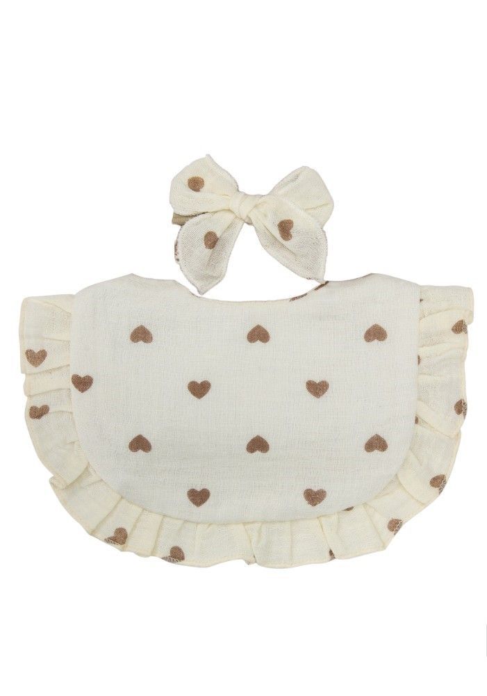 Bambimici - 2pc-Set - Bella Heart Printed Headband & Baby Bib - Cream