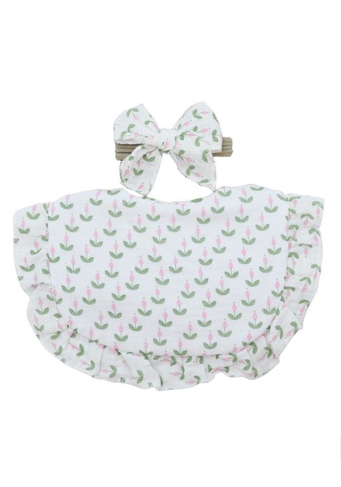 Bambimici - 2pc-Set - Bella Flower Printed Headband & Baby Bib - White