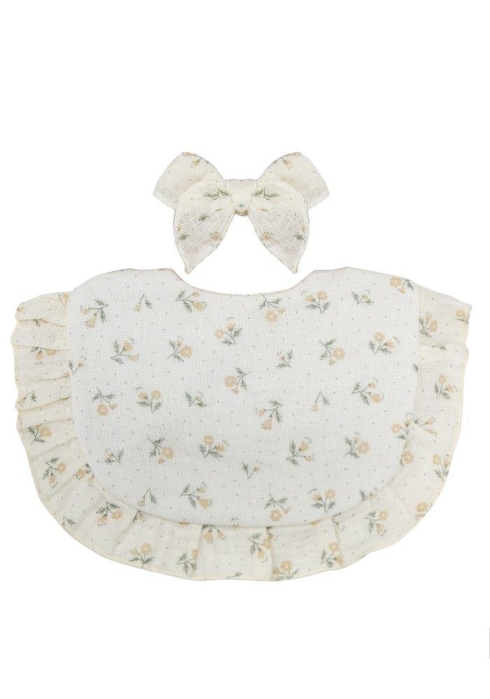 Bambimici - 2pc-Set - Bella Flower Printed Headband & Baby Bib - Cream