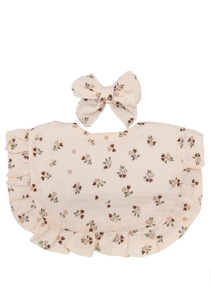 Bambimici - 2pc-Set - Bella Flower Printed Headband & Baby Bib - Light Beige