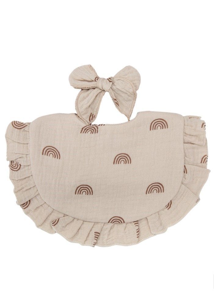 Bambimici - 2pc-Set - Bella Rainbow Printed Headband & Baby Bib - Light Brown