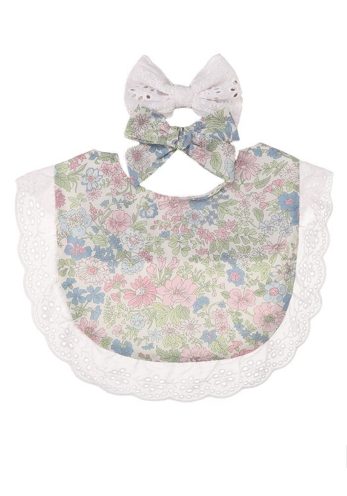 Bambimici - 3pc-Set - Bella Floral Headband & Baby Bib - Blue/Pink
