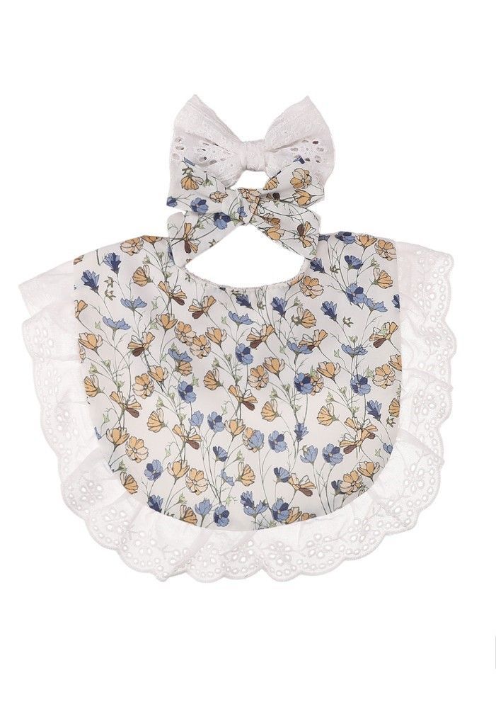 Bambimici - 3pc-Set - Bella Flower Printed Headband & Baby Bib - Blue/White