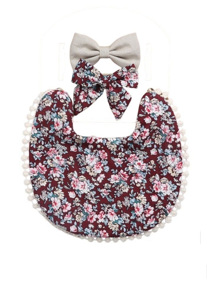 Bambimici - 3pc-Set - Angelica Floral Headband & Baby Bib - Maroon