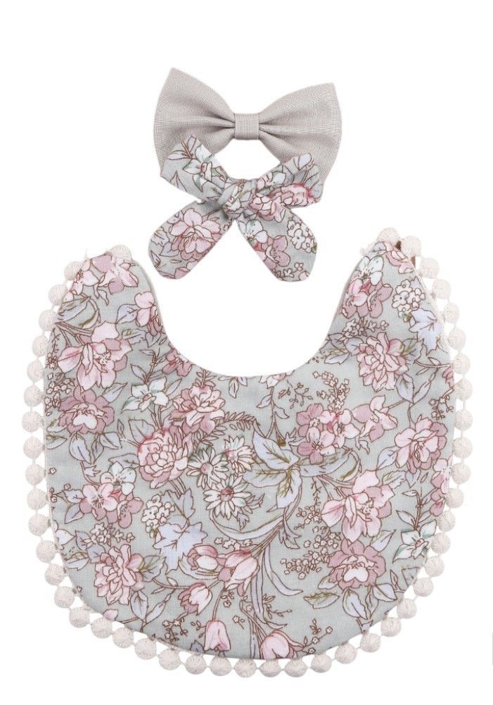 Bambimici - 3pc-Set - Angelica Floral Headband & Baby Bib - Grey